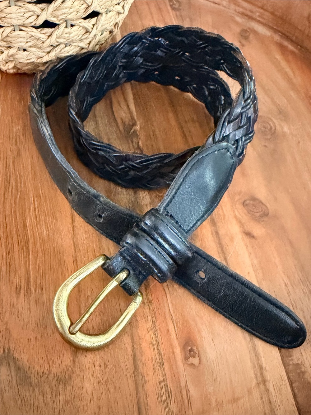 Coach braided black and brown leather belt with brass buckle, Small